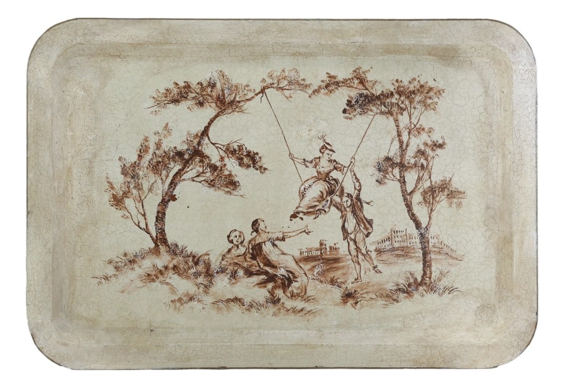 Vintage Hand Painted Tole Tray Cream With Sepia Rococo Garden Swing Scene Rectangular Serving Tray (1 of 13)