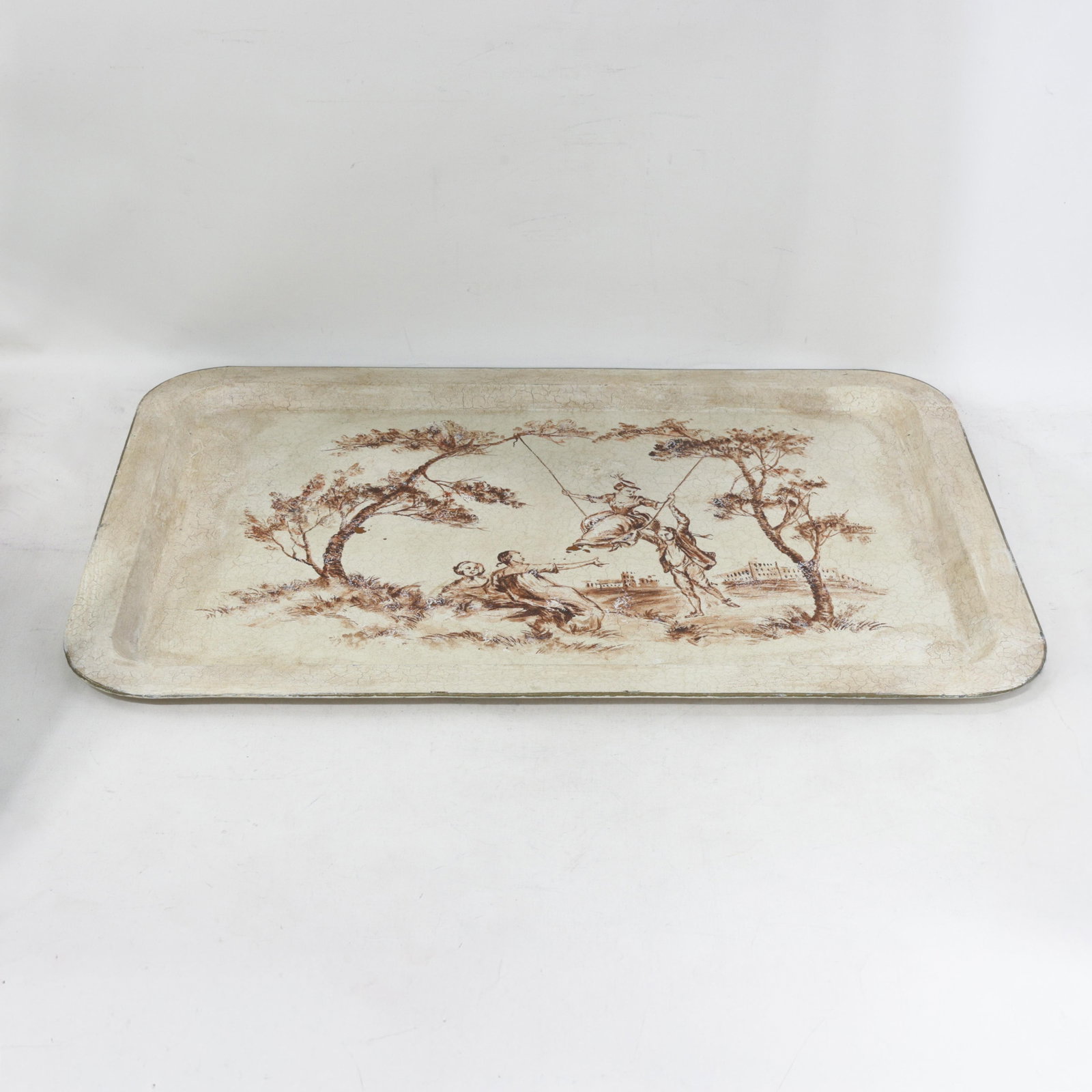 Vintage Hand Painted Tole Tray Cream With Sepia Rococo Garden Swing Scene Rectangular Serving Tray - 2