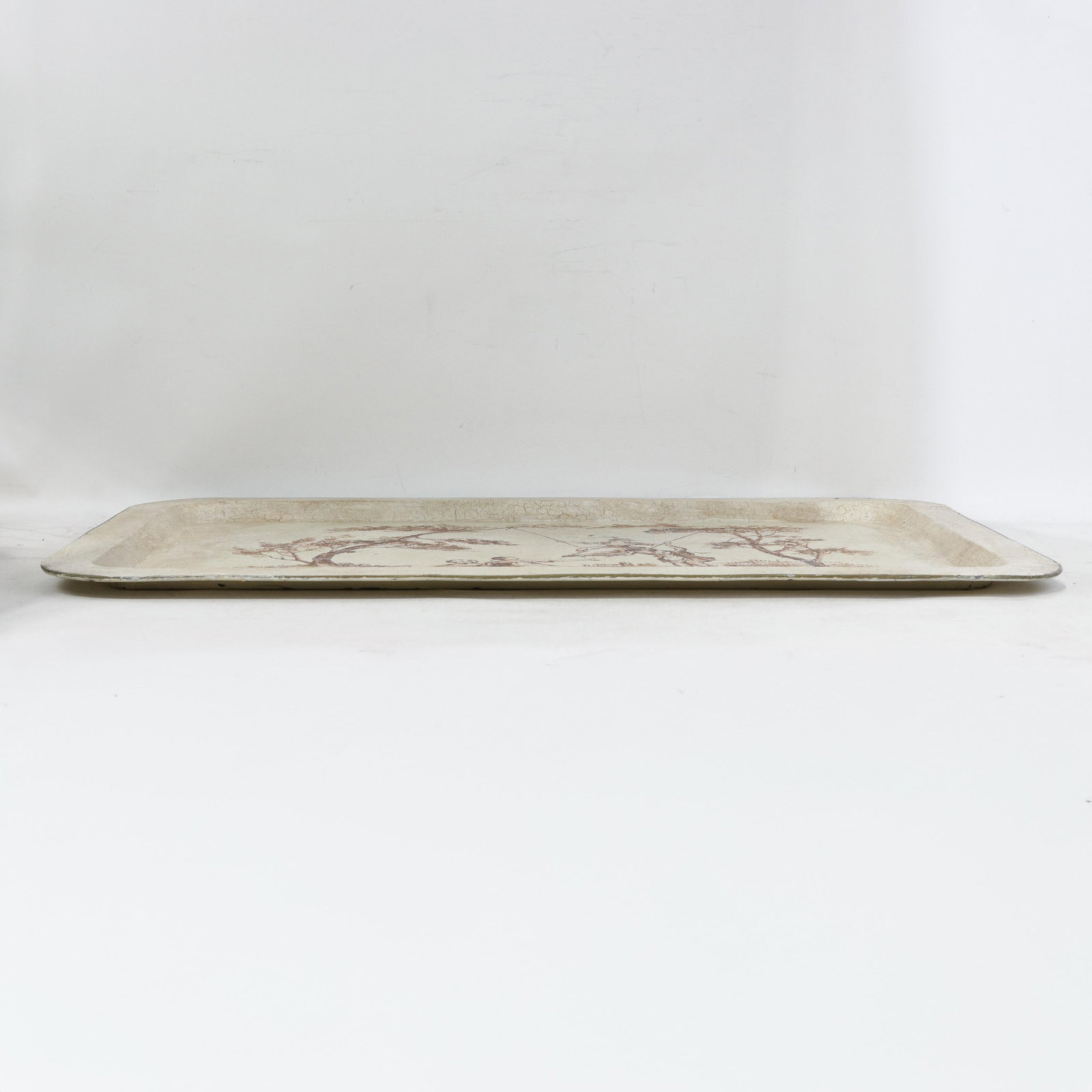 Vintage Hand Painted Tole Tray Cream With Sepia Rococo Garden Swing Scene Rectangular Serving Tray - 3
