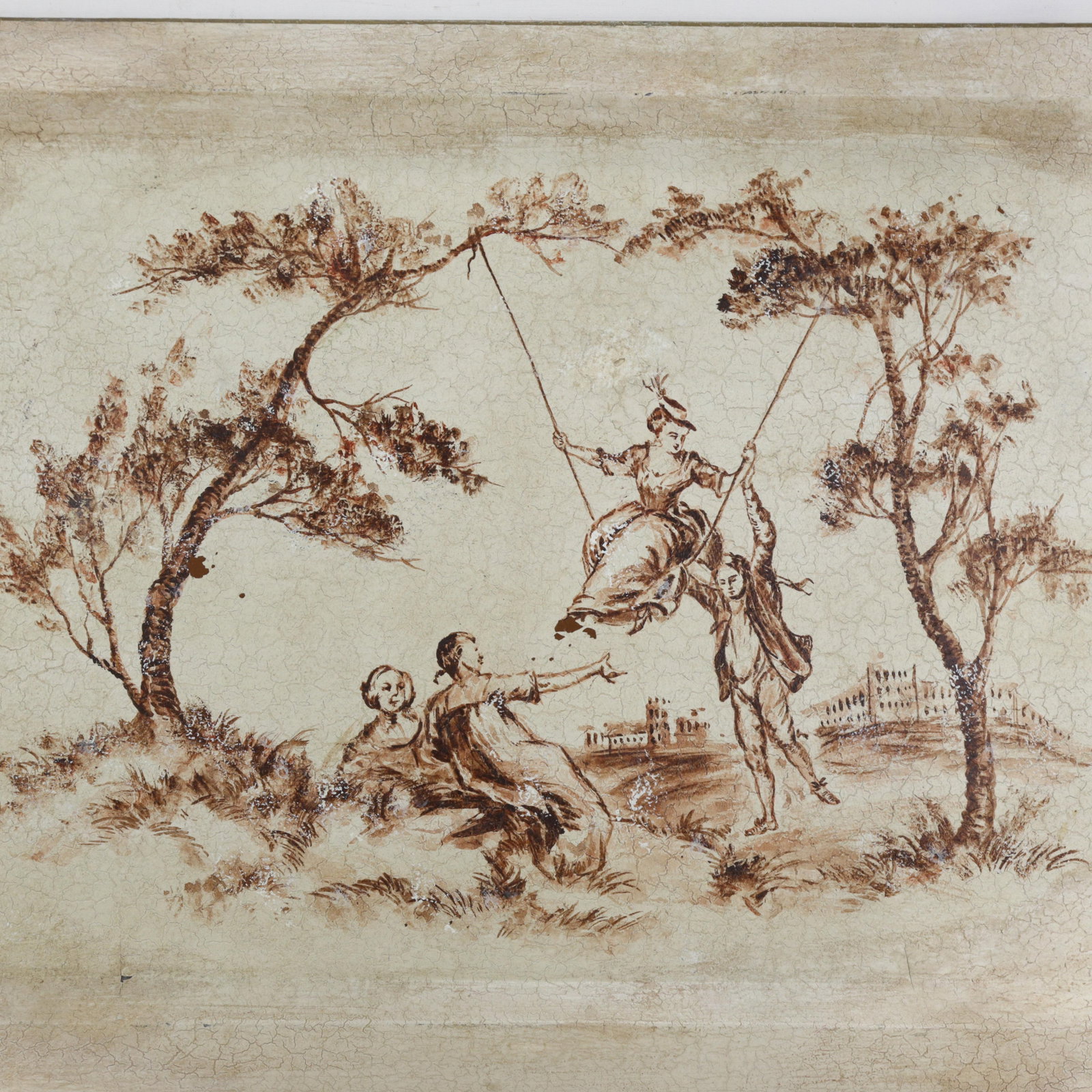 Vintage Hand Painted Tole Tray Cream With Sepia Rococo Garden Swing Scene Rectangular Serving Tray - 4