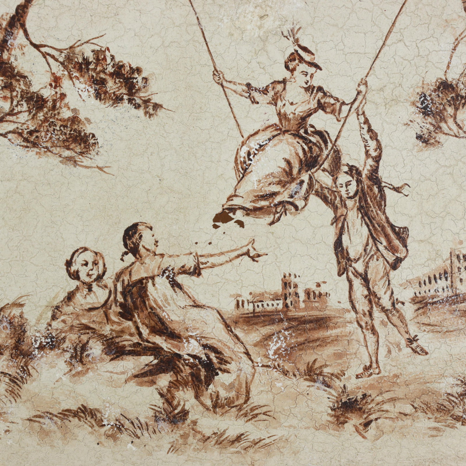 Vintage Hand Painted Tole Tray Cream With Sepia Rococo Garden Swing Scene Rectangular Serving Tray - 6