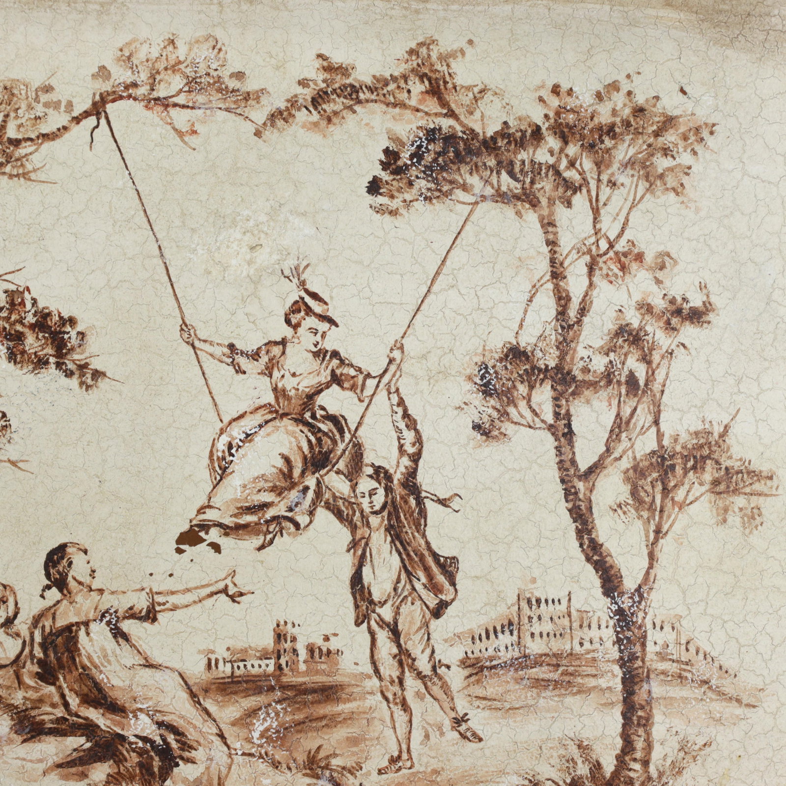 Vintage Hand Painted Tole Tray Cream With Sepia Rococo Garden Swing Scene Rectangular Serving Tray - 9