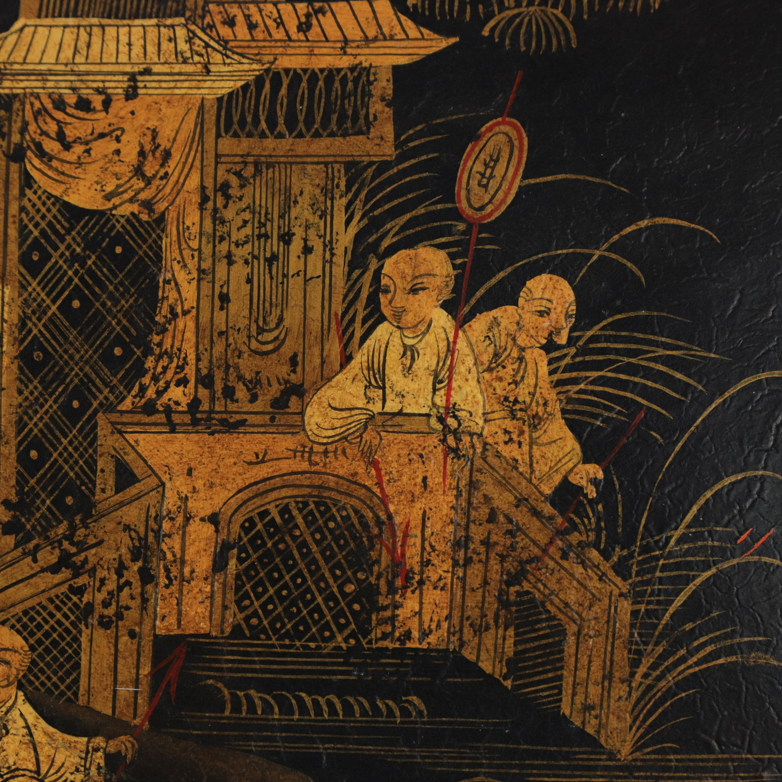 Vintage Hand Painted Chinoiserie Tole Tray Black Lacquer With Gold Gilt Scenic Pagoda Motif - 10