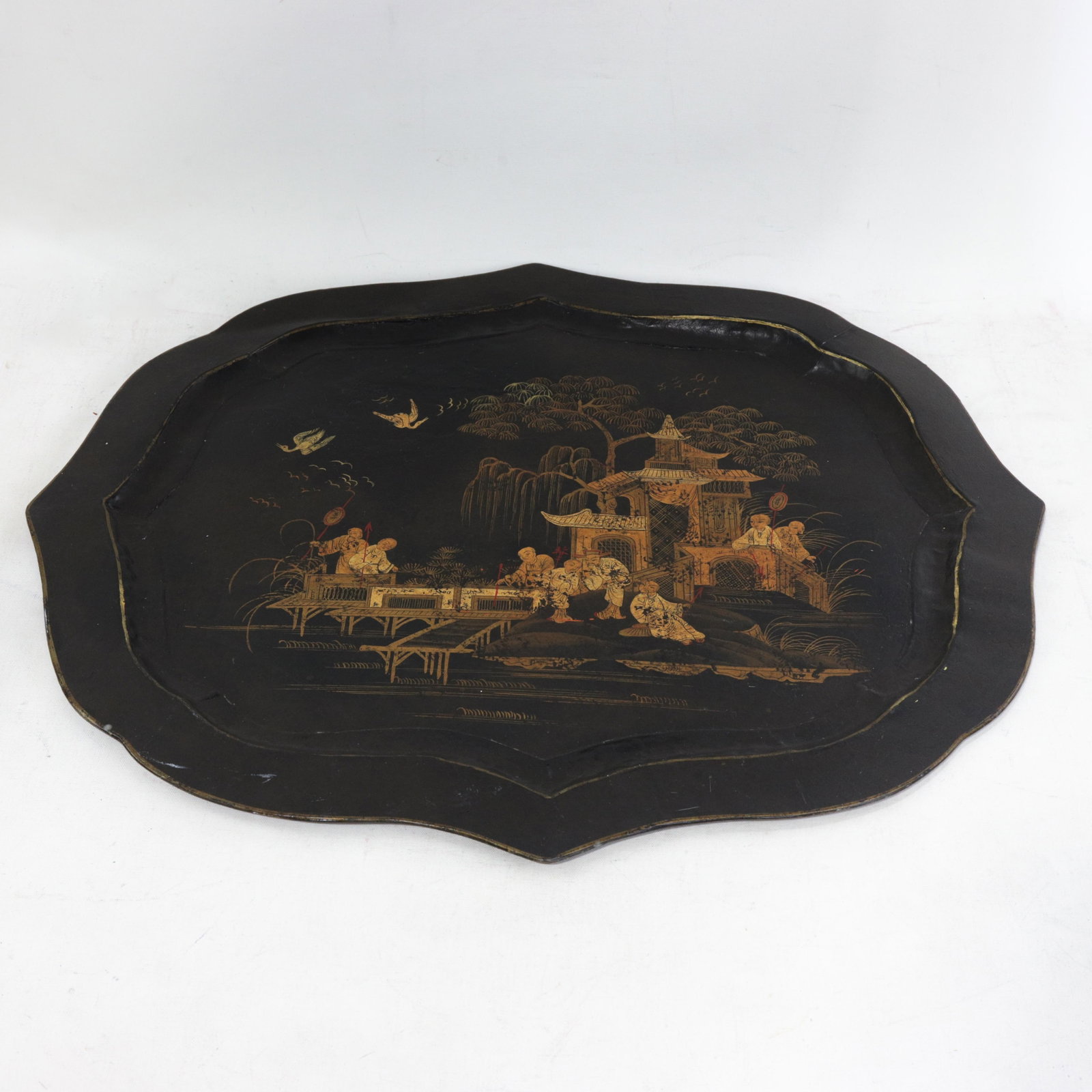 Vintage Hand Painted Chinoiserie Tole Tray Black Lacquer With Gold Gilt Scenic Pagoda Motif - 11