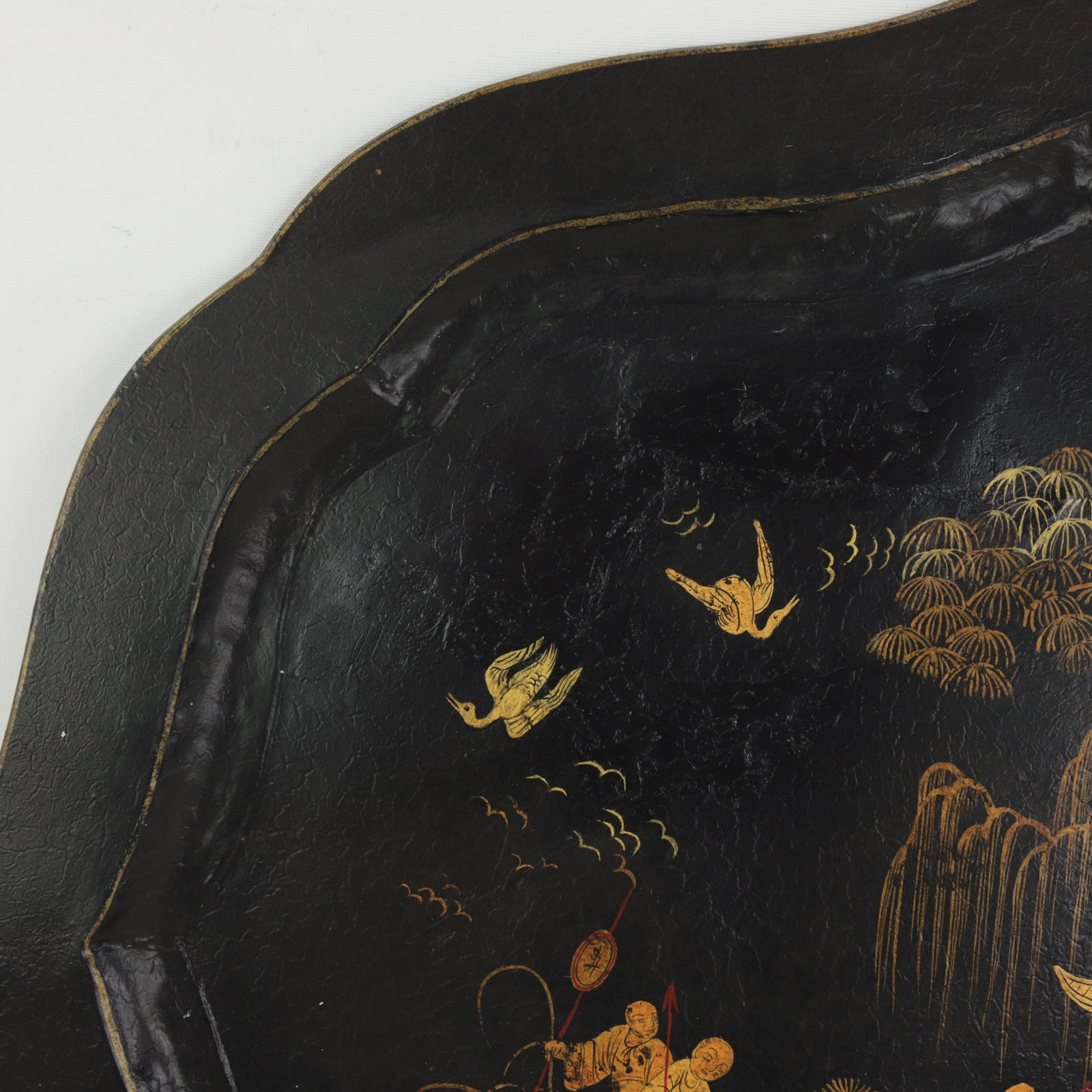 Vintage Hand Painted Chinoiserie Tole Tray Black Lacquer With Gold Gilt Scenic Pagoda Motif - 12