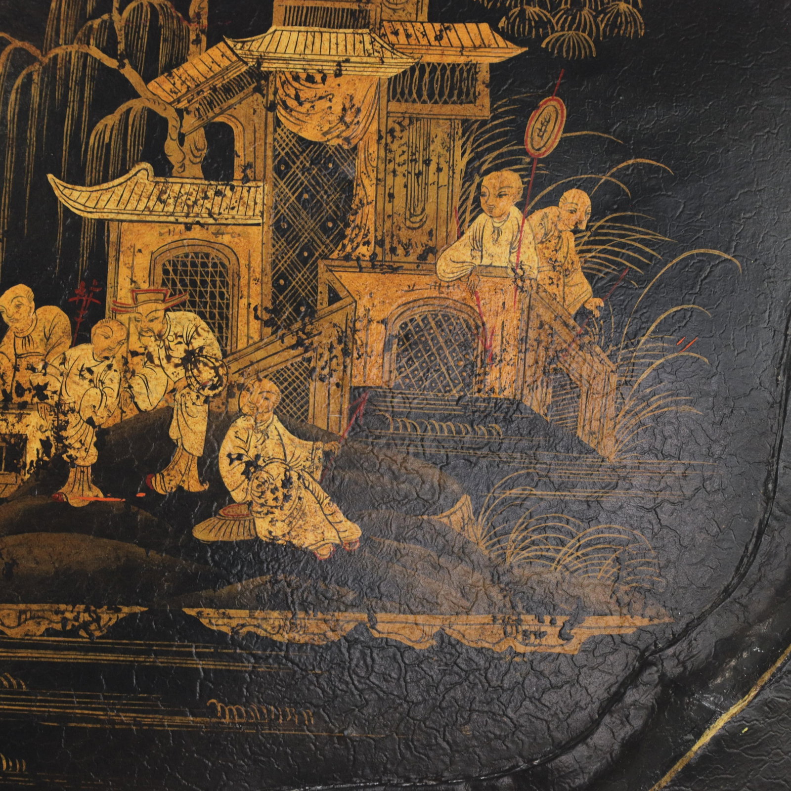 Vintage Hand Painted Chinoiserie Tole Tray Black Lacquer With Gold Gilt Scenic Pagoda Motif - 13