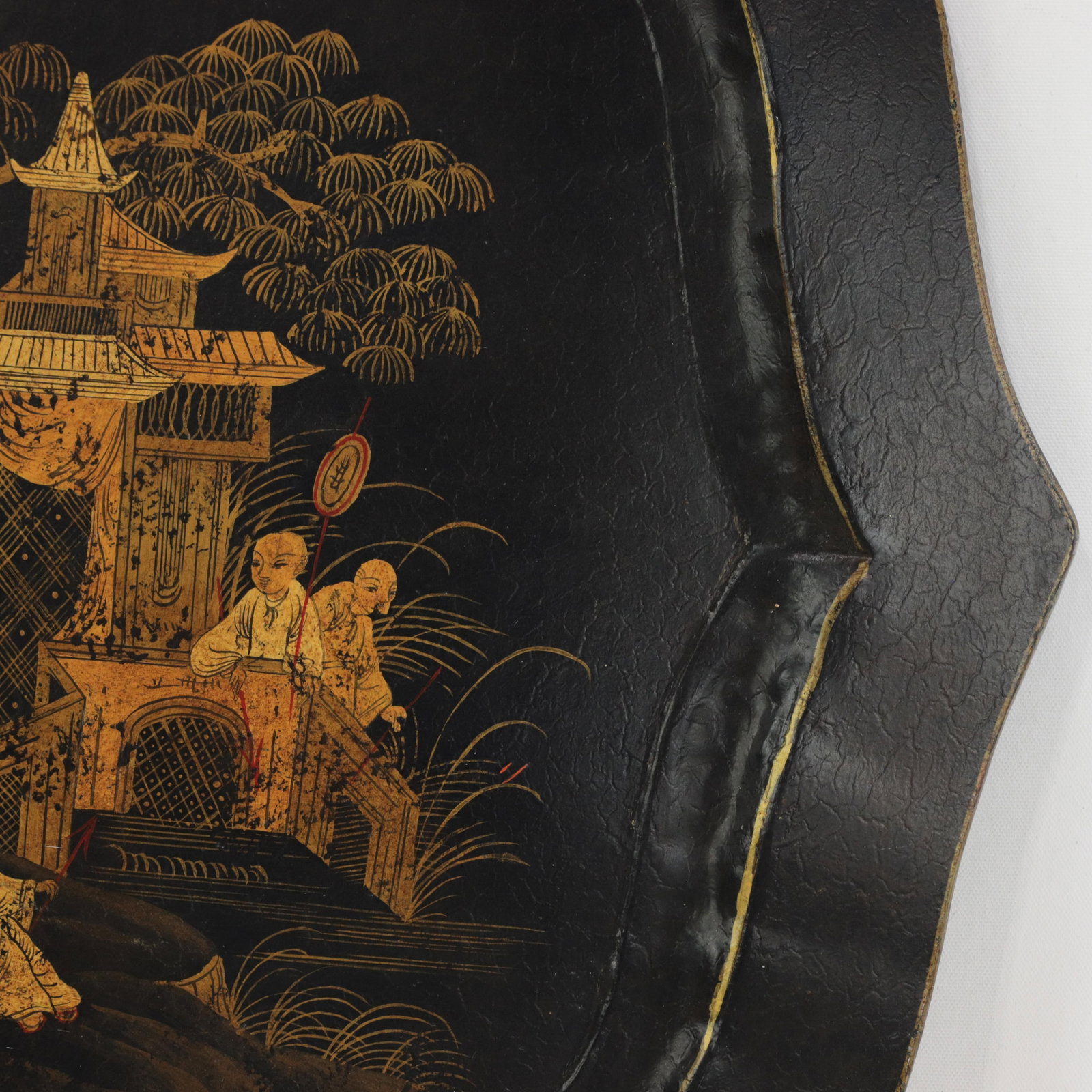 Vintage Hand Painted Chinoiserie Tole Tray Black Lacquer With Gold Gilt Scenic Pagoda Motif - 14