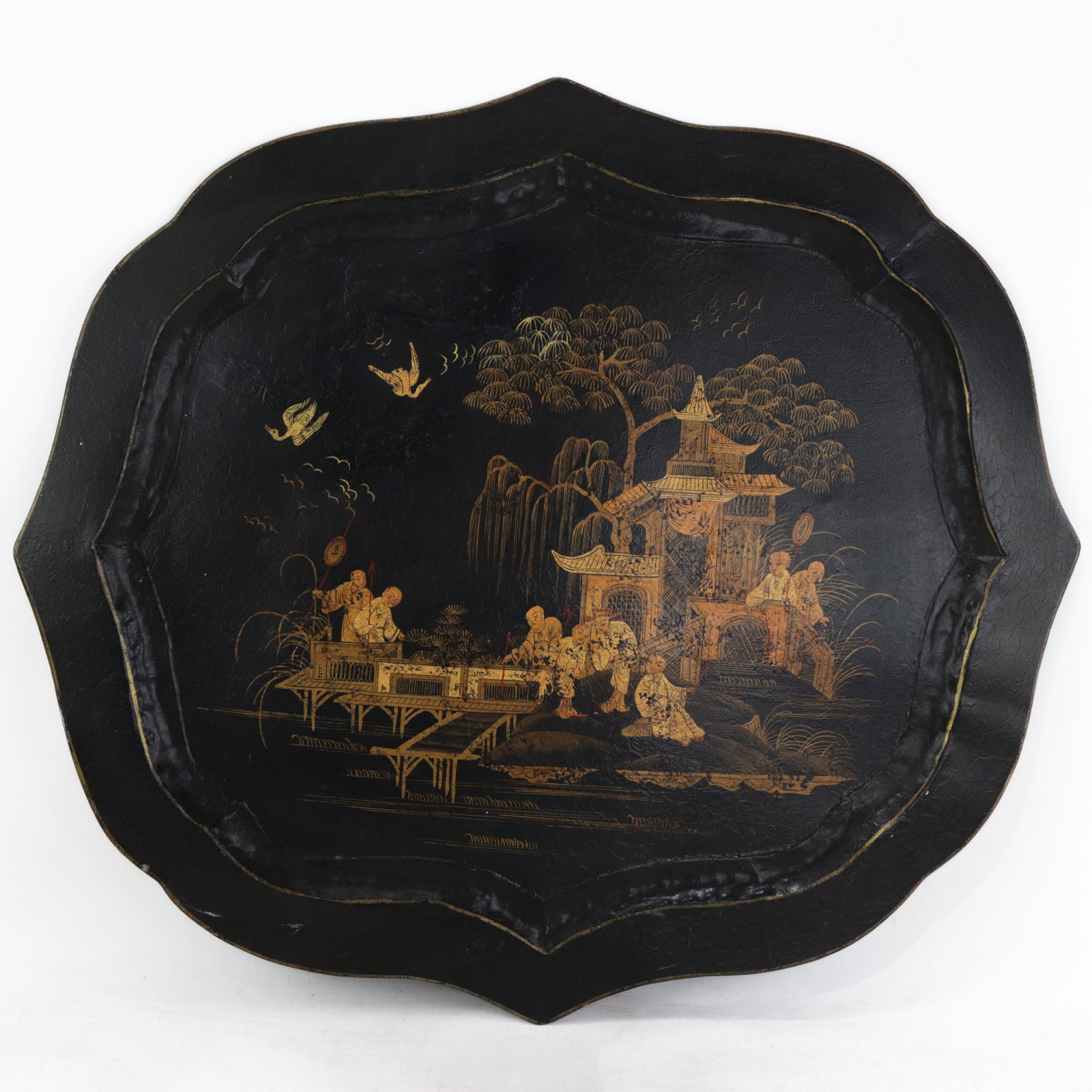 Vintage Hand Painted Chinoiserie Tole Tray Black Lacquer With Gold Gilt Scenic Pagoda Motif - 16