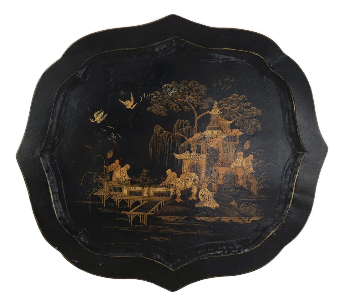 Vintage Hand Painted Chinoiserie Tole Tray Black Lacquer With Gold Gilt Scenic Pagoda Motif: This exquisite vintage tole tray features a unique scalloped and lobed silhouette finished in a deep black lacquer with intricate hand-painted Chinoiserie artistry. The central scene is a detailed