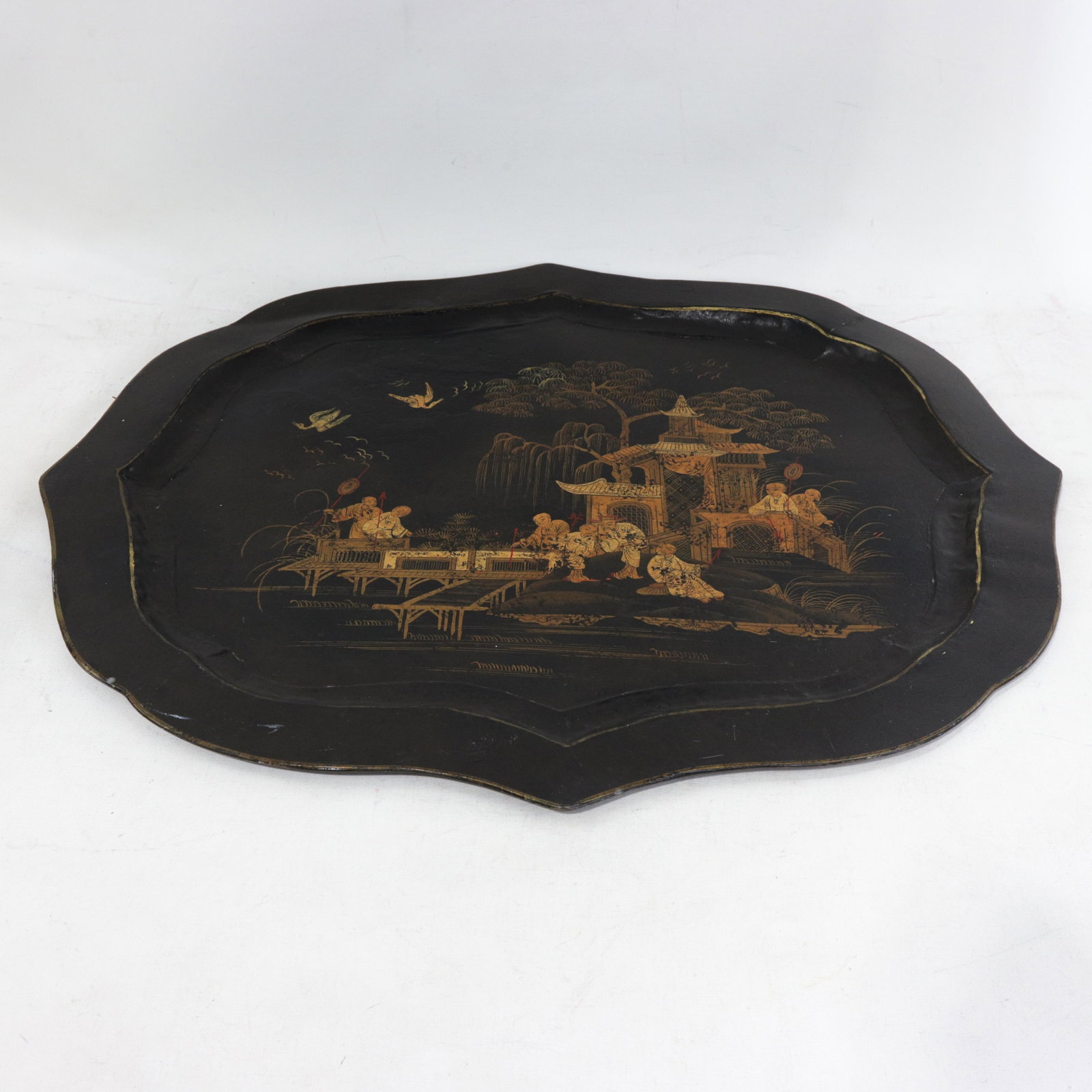 Vintage Hand Painted Chinoiserie Tole Tray Black Lacquer With Gold Gilt Scenic Pagoda Motif - 2