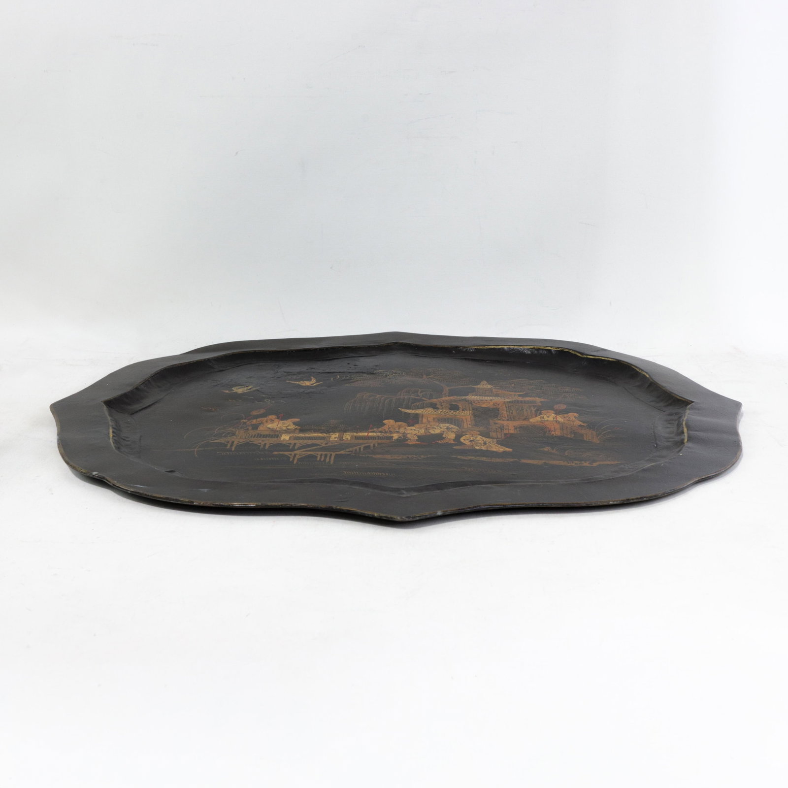 Vintage Hand Painted Chinoiserie Tole Tray Black Lacquer With Gold Gilt Scenic Pagoda Motif - 3