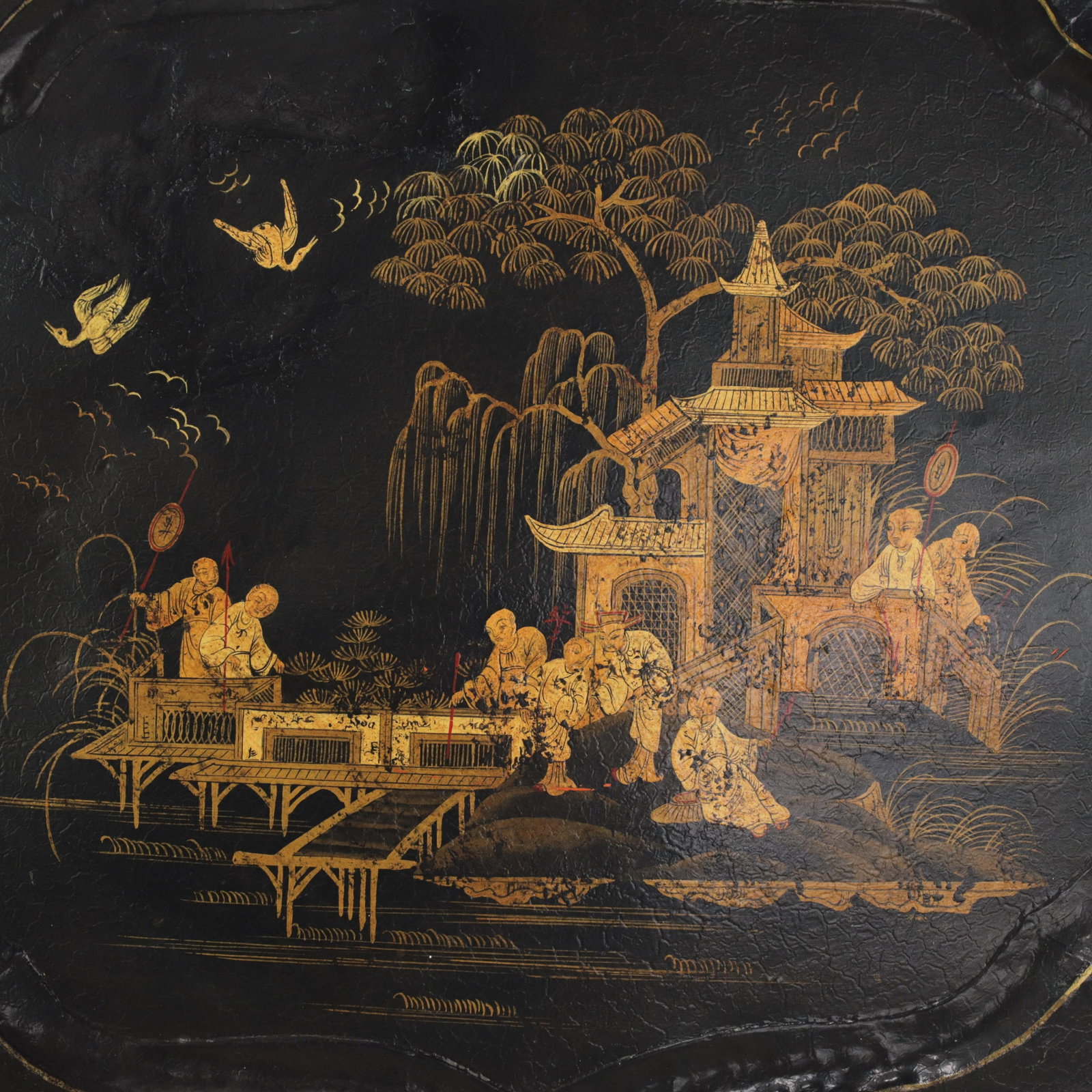 Vintage Hand Painted Chinoiserie Tole Tray Black Lacquer With Gold Gilt Scenic Pagoda Motif - 4