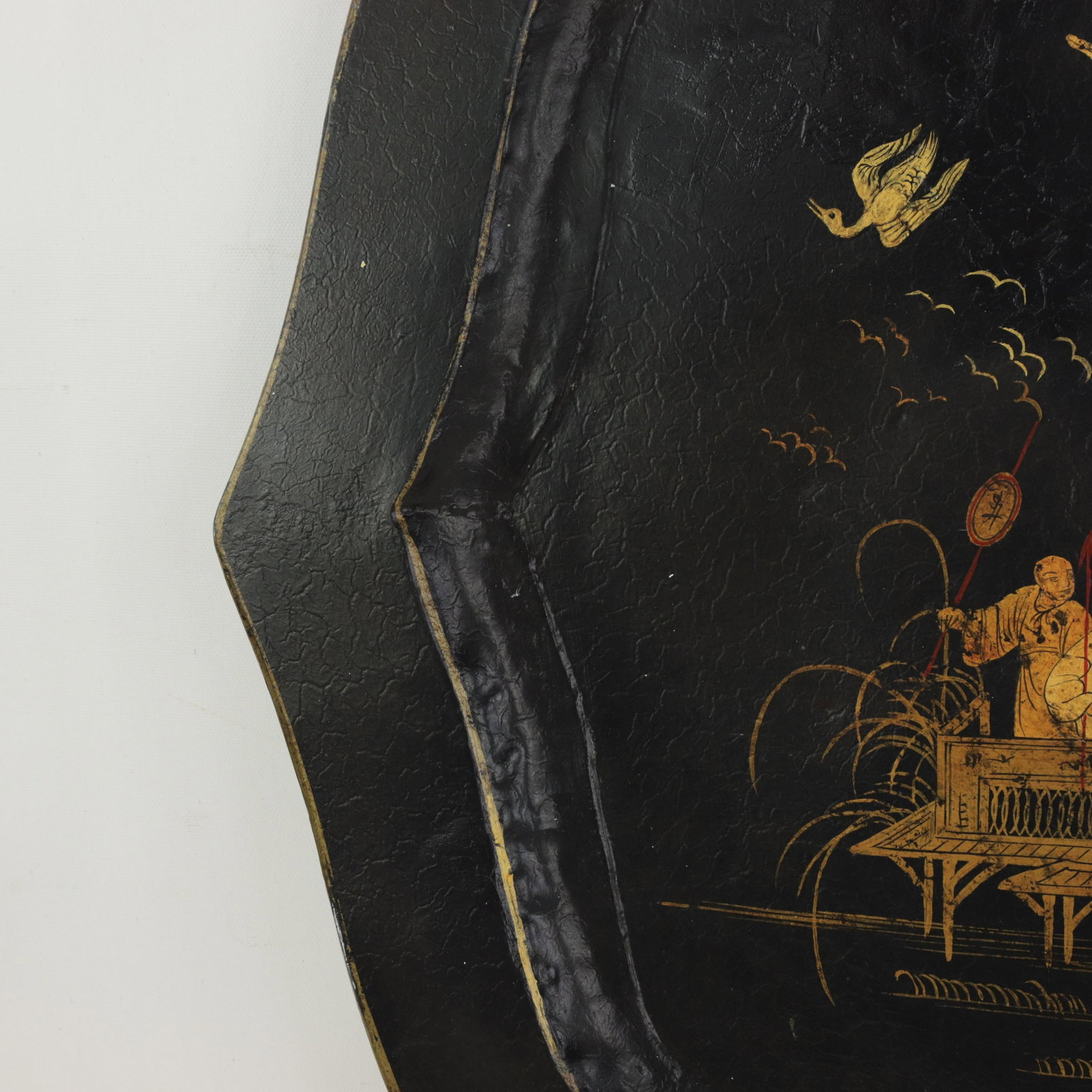 Vintage Hand Painted Chinoiserie Tole Tray Black Lacquer With Gold Gilt Scenic Pagoda Motif - 5