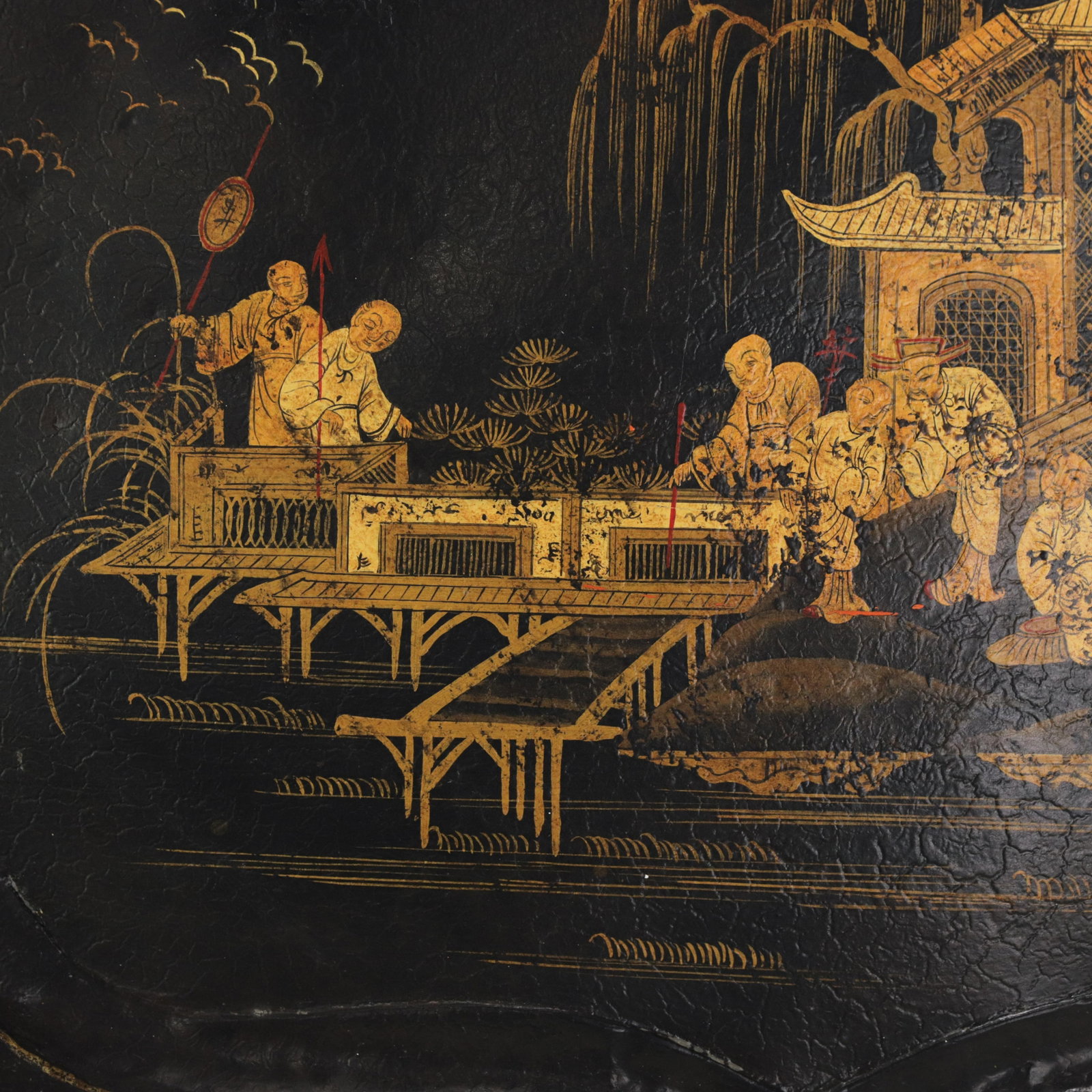 Vintage Hand Painted Chinoiserie Tole Tray Black Lacquer With Gold Gilt Scenic Pagoda Motif - 6