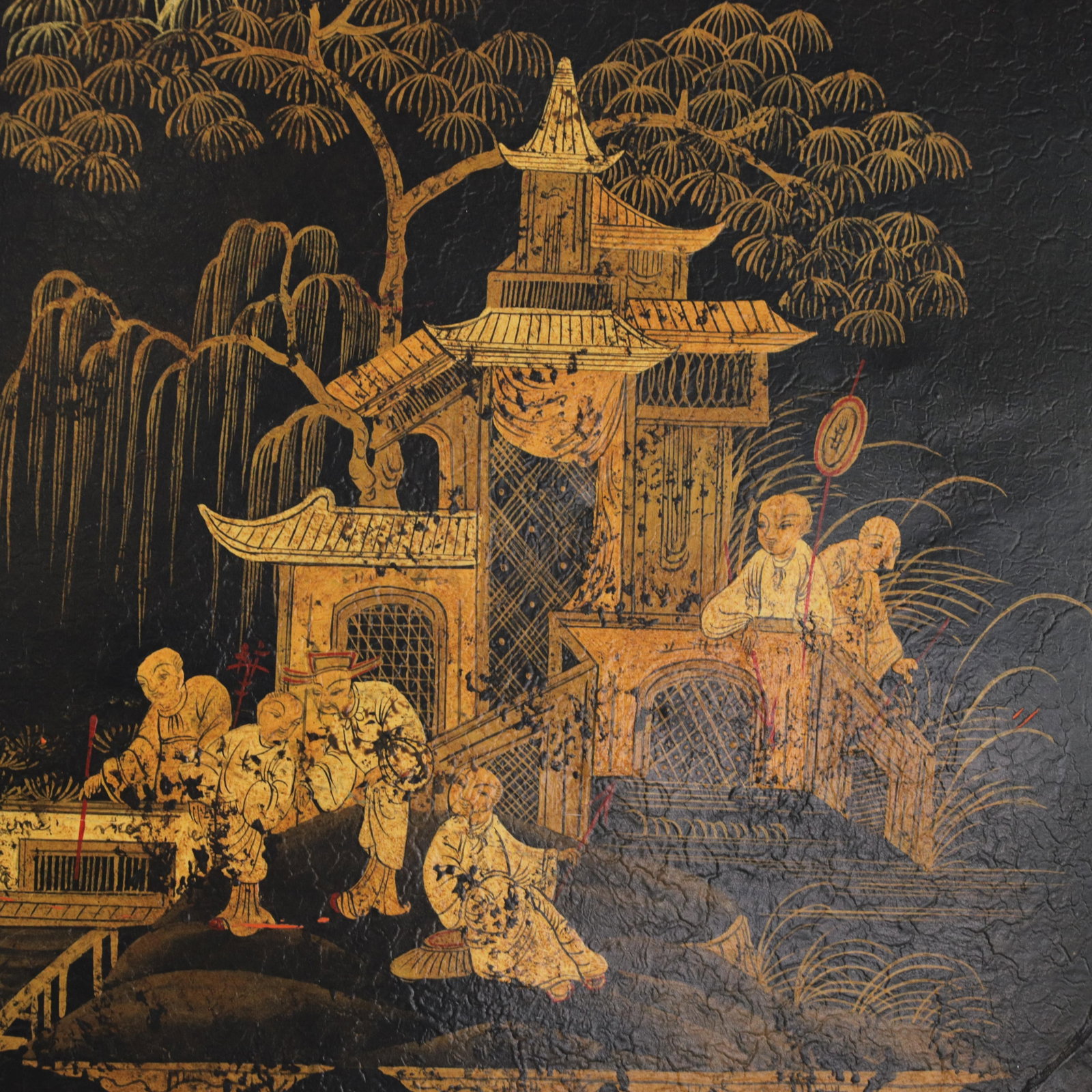 Vintage Hand Painted Chinoiserie Tole Tray Black Lacquer With Gold Gilt Scenic Pagoda Motif - 7