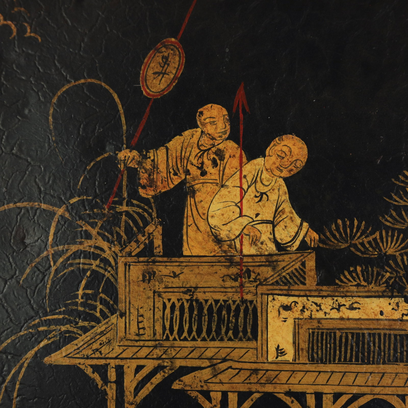Vintage Hand Painted Chinoiserie Tole Tray Black Lacquer With Gold Gilt Scenic Pagoda Motif - 8