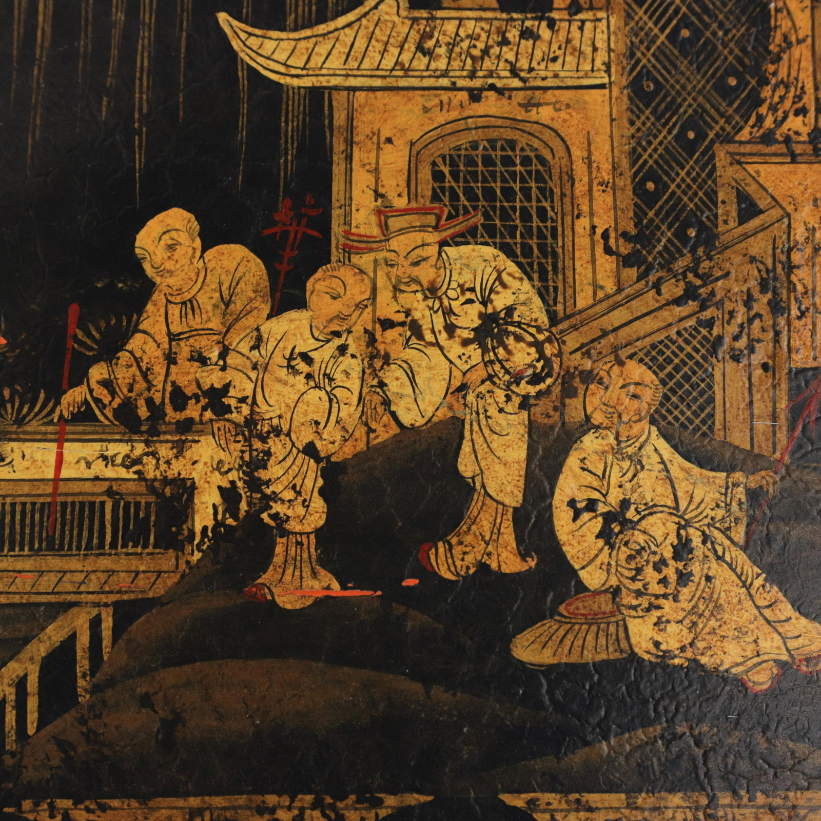 Vintage Hand Painted Chinoiserie Tole Tray Black Lacquer With Gold Gilt Scenic Pagoda Motif - 9
