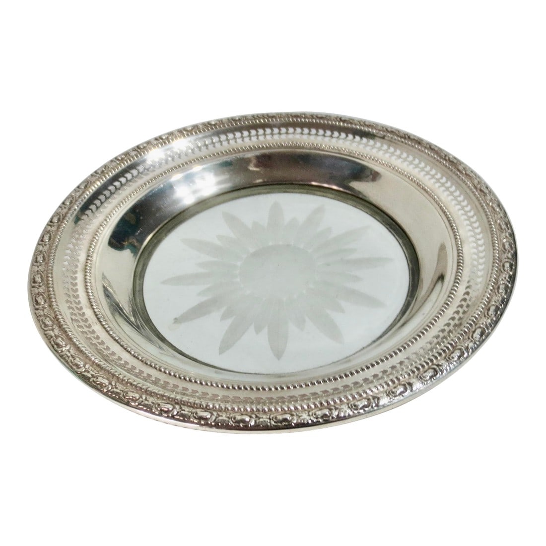 Whiting Sterling Silver Lemon Slice Dish: Made to serve lemon slices on the fine dining table, the glass bottom is unaffected by lemon juice. Cut crystal bottoms with sterling silver pierced work edges, both marked by Whiting and with the
