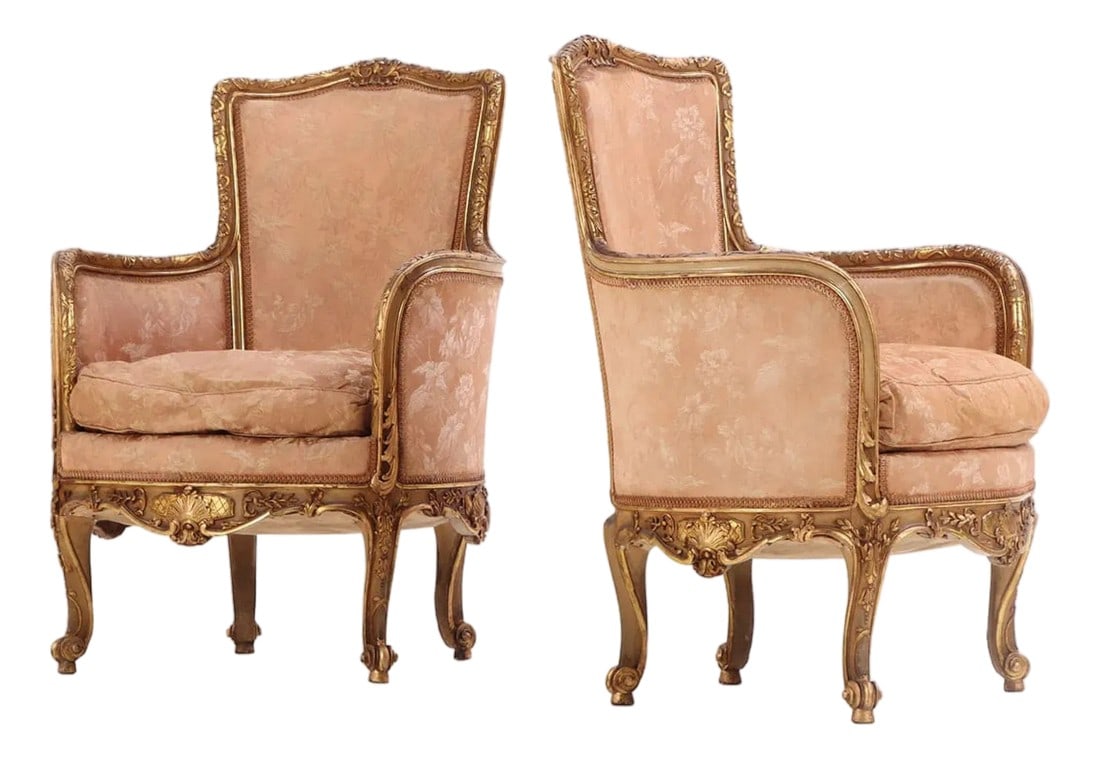 Late 19th Century Pair of French Louis XV Style Carved and Giltwood Bergere Chairs (1 of 4)