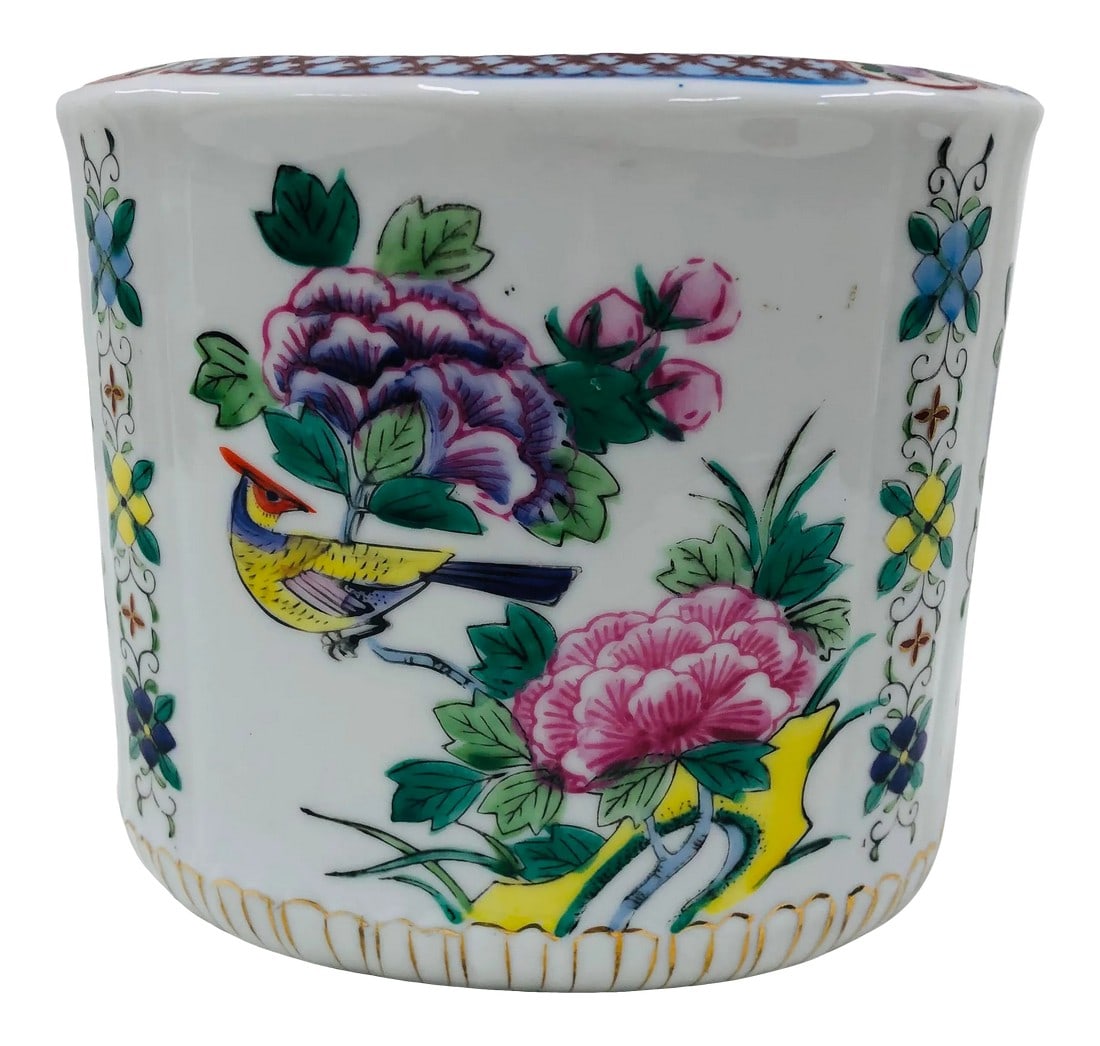 Mid Century Hand Painted Floral/Bird Design Cachepot: Nice cachepot with design of flowers and bird. Crosshatch pattern adorns the top lip. No cracks, chips or crazing. Condition: Alterations: Original Condition Unaltered Imperfections: Some