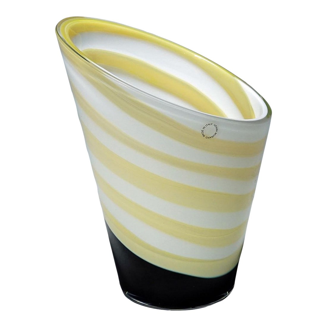 Venini Art Glass Vase 'Asimmetrico' by Gianni Versace, Murano 1997: Venini Art Glass Vase 'Asimmetrico' by Gianni Versace, Murano 1997 A vintage art glass vase from the 'Asimmetrico' series. It features a conical shape made of dark blue glass with fused white and yell