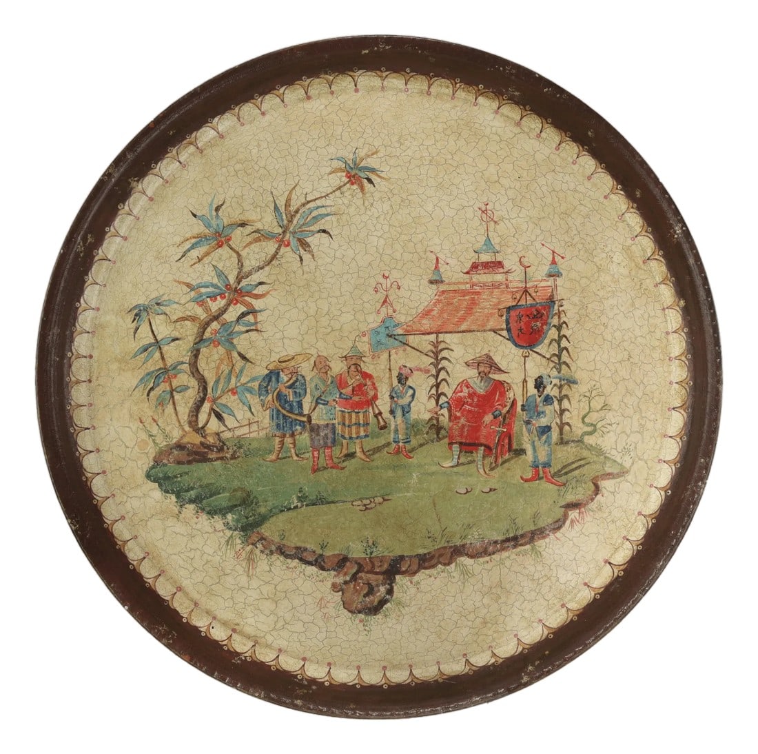 Vintage Hand Painted Chinoiserie Tole Tray Cream Lacquer With Figurative Oriental Scene: This captivating vintage round tole tray features a warm, antiqued cream lacquer finish that serves as a canvas for a highly detailed, hand-painted Chinoiserie scene. The central artwork depicts a