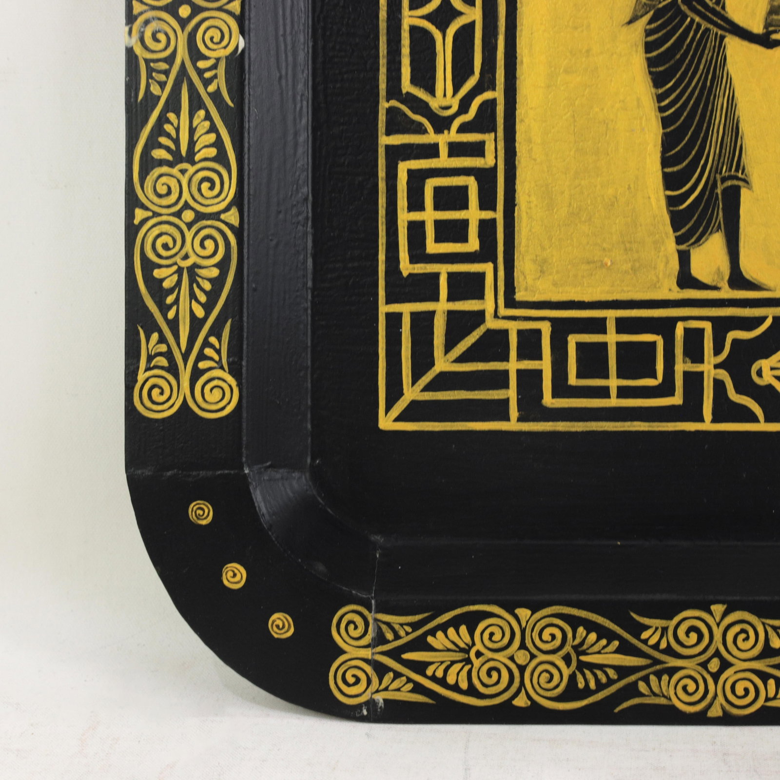 Vintage Hand Painted Egyptian Revival Tole Tray Black and Gold Pharaoh Motif Rectangular Serving Tra - 10