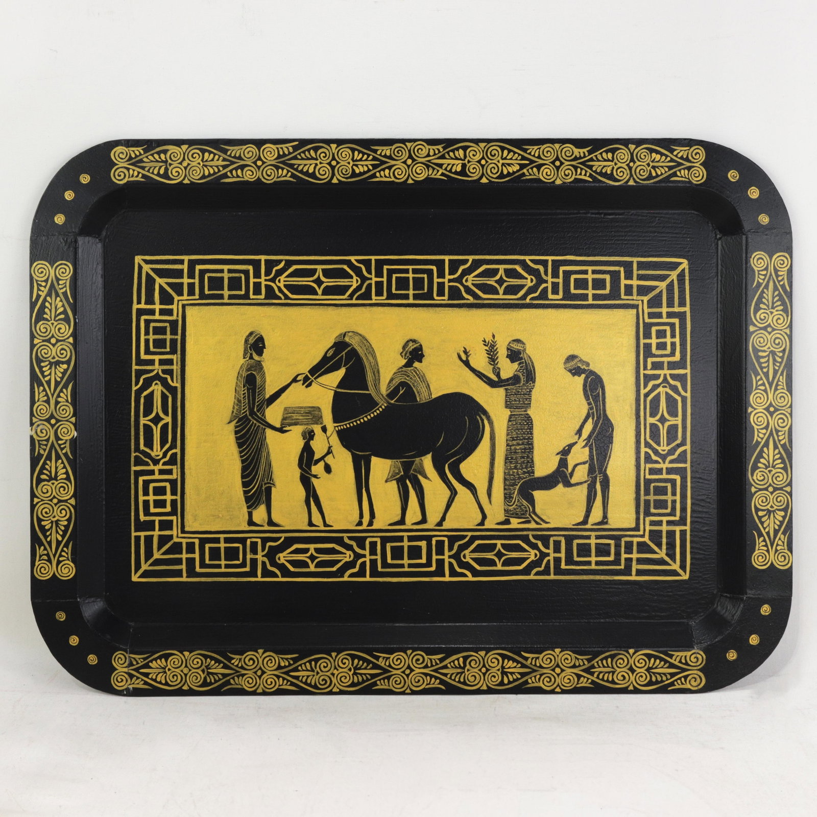 Vintage Hand Painted Egyptian Revival Tole Tray Black and Gold Pharaoh Motif Rectangular Serving Tra - 12