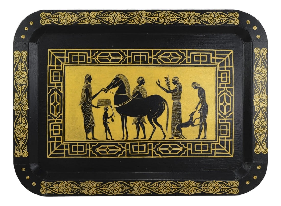 Vintage Hand Painted Egyptian Revival Tole Tray Black and Gold Pharaoh Motif Rectangular Serving Tra: This striking vintage hand-painted metal tole tray features a dramatic Egyptian Revival aesthetic, showcasing a bold black and gold color palette that exudes ancient luxury. The central golden panel