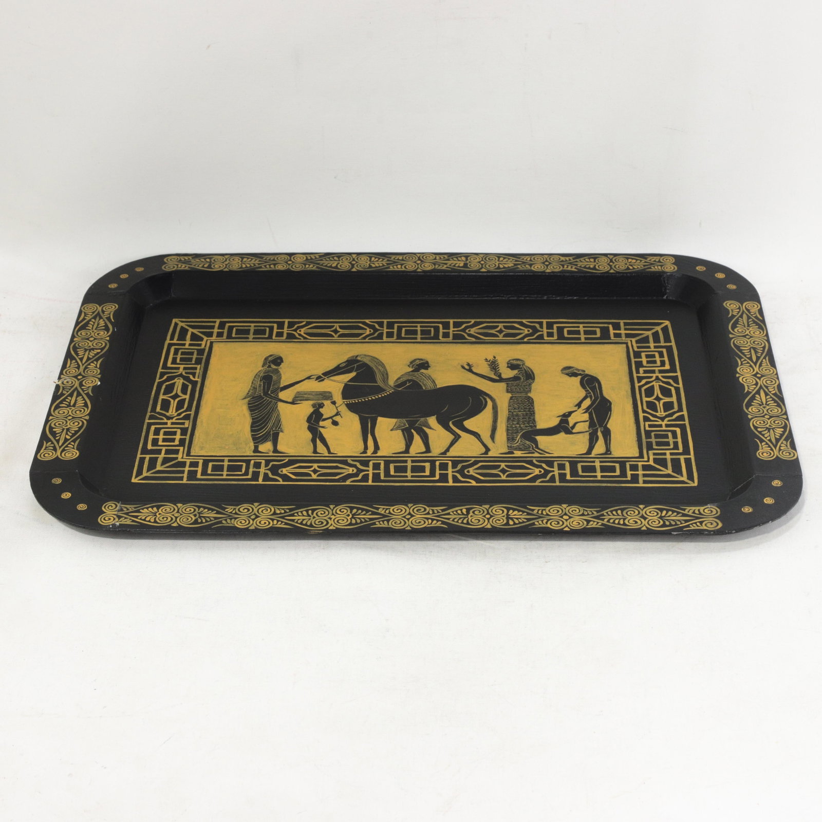 Vintage Hand Painted Egyptian Revival Tole Tray Black and Gold Pharaoh Motif Rectangular Serving Tra - 2