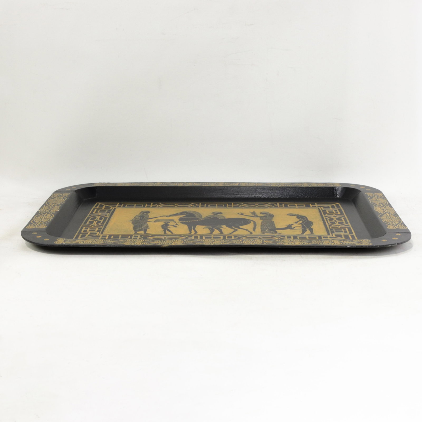 Vintage Hand Painted Egyptian Revival Tole Tray Black and Gold Pharaoh Motif Rectangular Serving Tra - 3