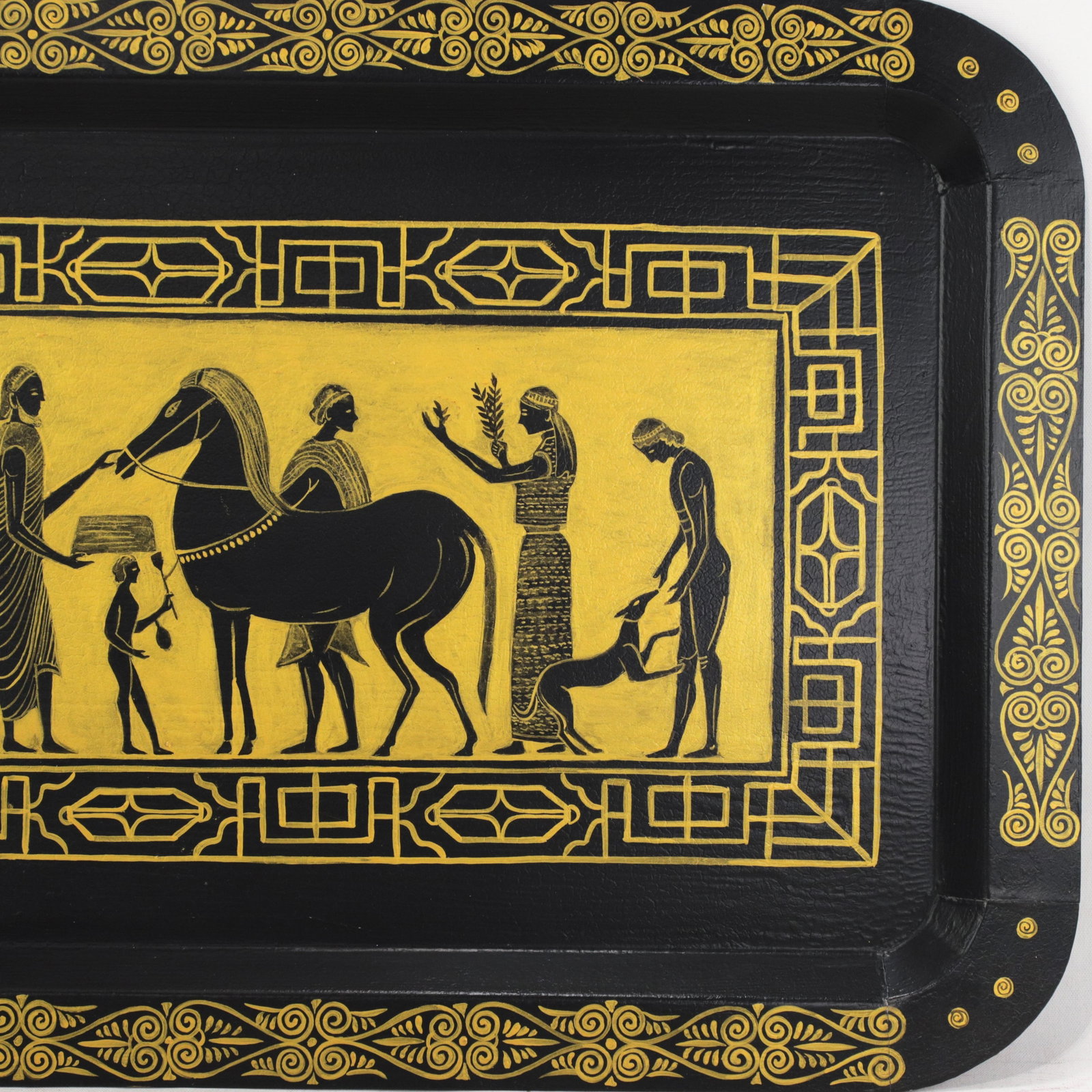 Vintage Hand Painted Egyptian Revival Tole Tray Black and Gold Pharaoh Motif Rectangular Serving Tra - 5