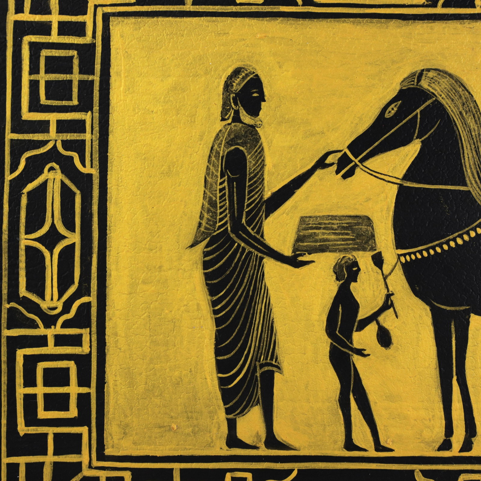 Vintage Hand Painted Egyptian Revival Tole Tray Black and Gold Pharaoh Motif Rectangular Serving Tra - 6