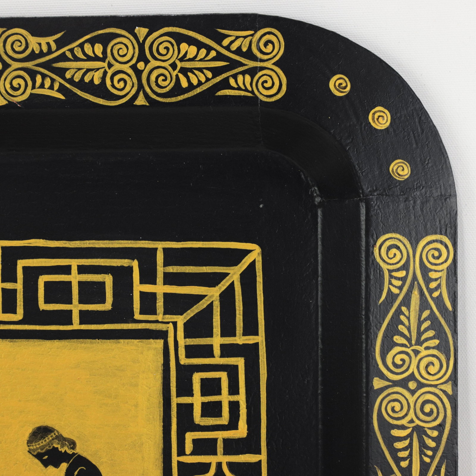 Vintage Hand Painted Egyptian Revival Tole Tray Black and Gold Pharaoh Motif Rectangular Serving Tra - 9