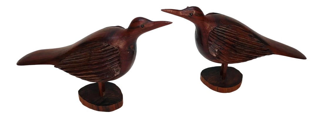 Hand Carved Wooden Bird Figures - a Pair: Pair of mid century hand carved wooden birds set on wood stands. Lots of detailing set these apart from the ordinary. Condition: Alterations: Original Condition Unaltered Imperfections: Some