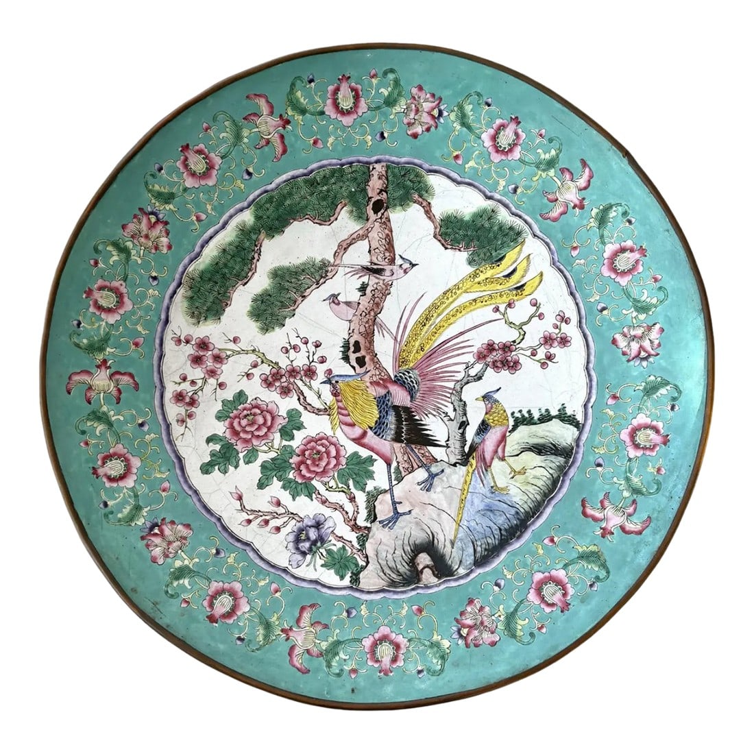 Very Rare Famille Verte Enamel on Copper Decorative Serving Platter, 19th Century China - Marked: Very rare decorative platter/bowl, Famille Verte Enamel on Copper. Oriental 19th Century China. Dimension: 14"Diameter x 2"H Marked Condition: Alterations: Original Condition Unaltered Imperfections: