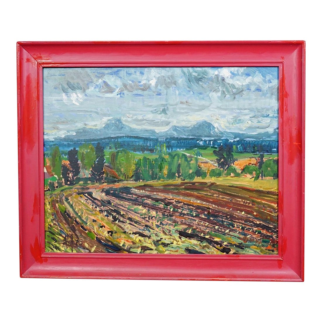 Alexander Michael Oil Painting of a Landscape With Field, 1975: Alexander Michael Oil Painting of a Landscape with Field, 1975 This striking landscape painting was created by German artist Alexander Michael in 1975. It features a rural scene with freshly plowed