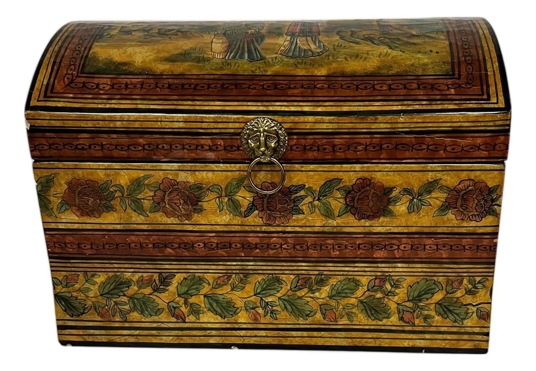 Vintage Maitland - Smith Chinoiserie Trunk Style Box: Vintage Maitland - Smith domed lid trunk style bix with loins head knocker. The label is long gone but is a Maitland - Smith design. Measures 14" w x 9.75" d x 10.5" h. Inside 14" w x 8.5" d x 9" h.