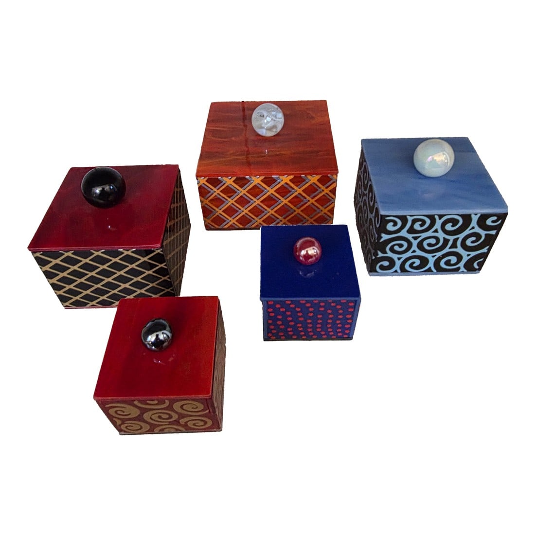 Collection of Art Glass Boxes: Collection of artisan made glass boxes...some with slag glass and mirrors under the lid. Condition: Alterations: Original Condition Unaltered Imperfections: Some Imperfections Condition Notes: Great c