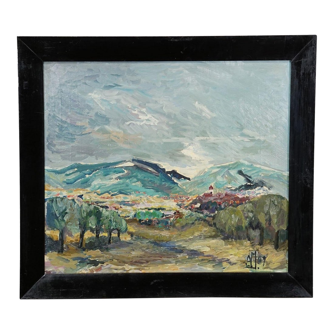 Alexander Michael Oil Painting of a Mountain Landscape, 1969: Alexander Michael Oil Painting of a Mountain Landscape, 1969 This expressive landscape painting from 1969 is the work of German artist Alexander Michael. It presents a vivid panoramic view of a