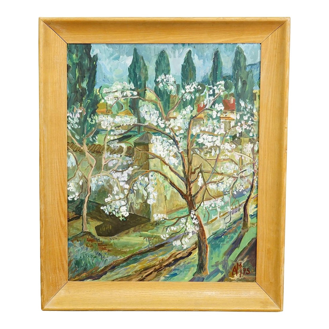 Blossoming Tree – Original Painting by Alexander Michael, 1975: Blossoming Tree – Original Painting by Alexander Michael, 1975 This vibrant oil painting from 1975 by Alexander Michael features a tree in full bloom, dominating the composition with its