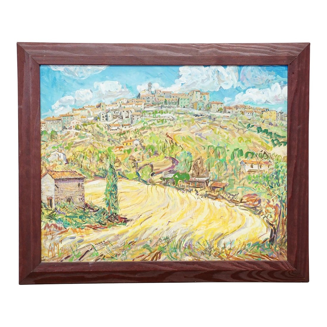 Alexander Michael Oil Painting – Prata in Tuscany, 1998: Alexander Michael Oil Painting – Prata in Tuscany, 1998 This vibrant landscape painting captures the Tuscan village of Prata, nestled on a hillside under a bright summer sky. The medieval