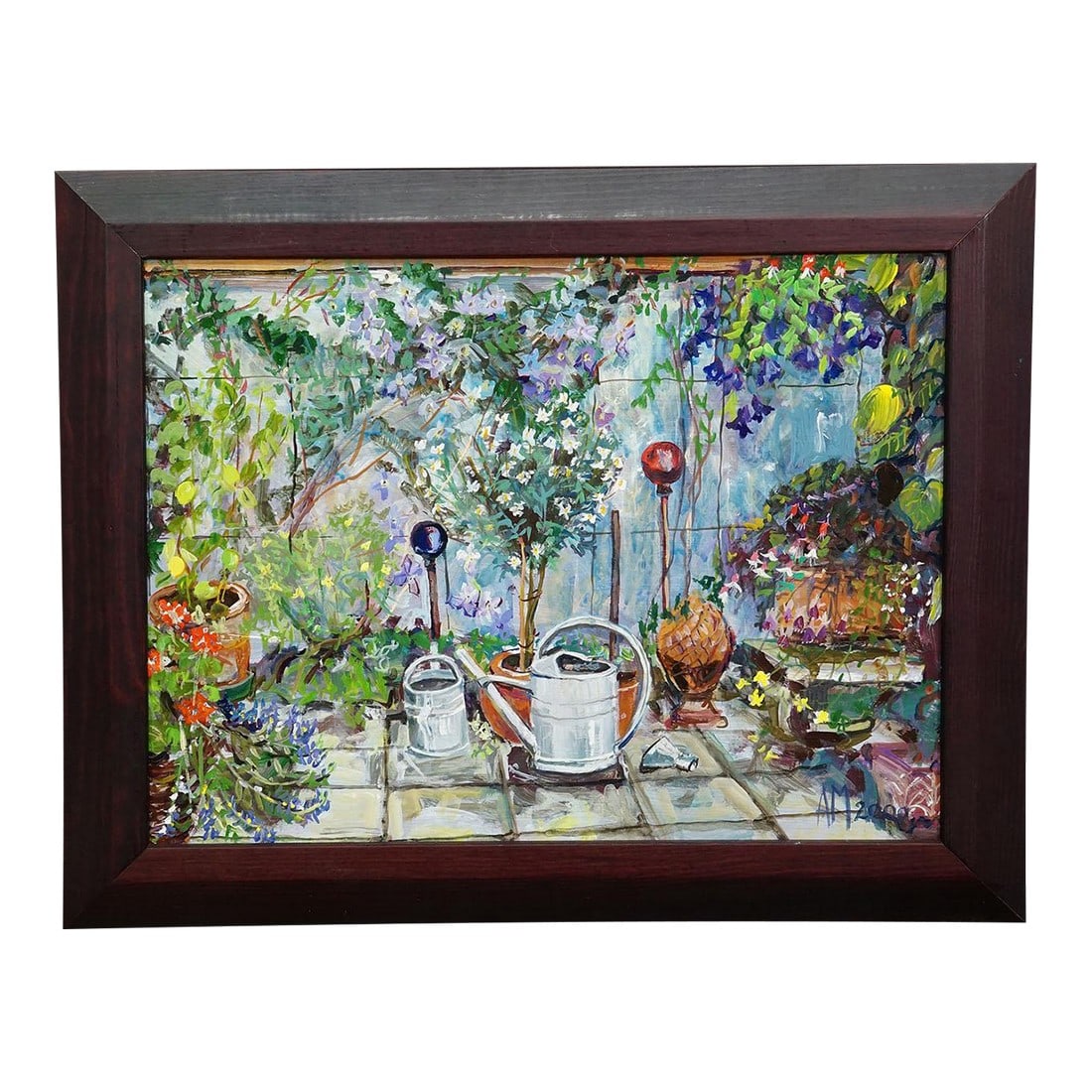 Garden Clematis With Watering Cans, 2000 – Oil Painting by Alexander Michael: Garden Clematis with Watering Cans, 2000 – Oil Painting by Alexander Michael In this vibrant composition titled 'Garden Clematis with Watering Cans', dated 2000, artist Alexander Michael