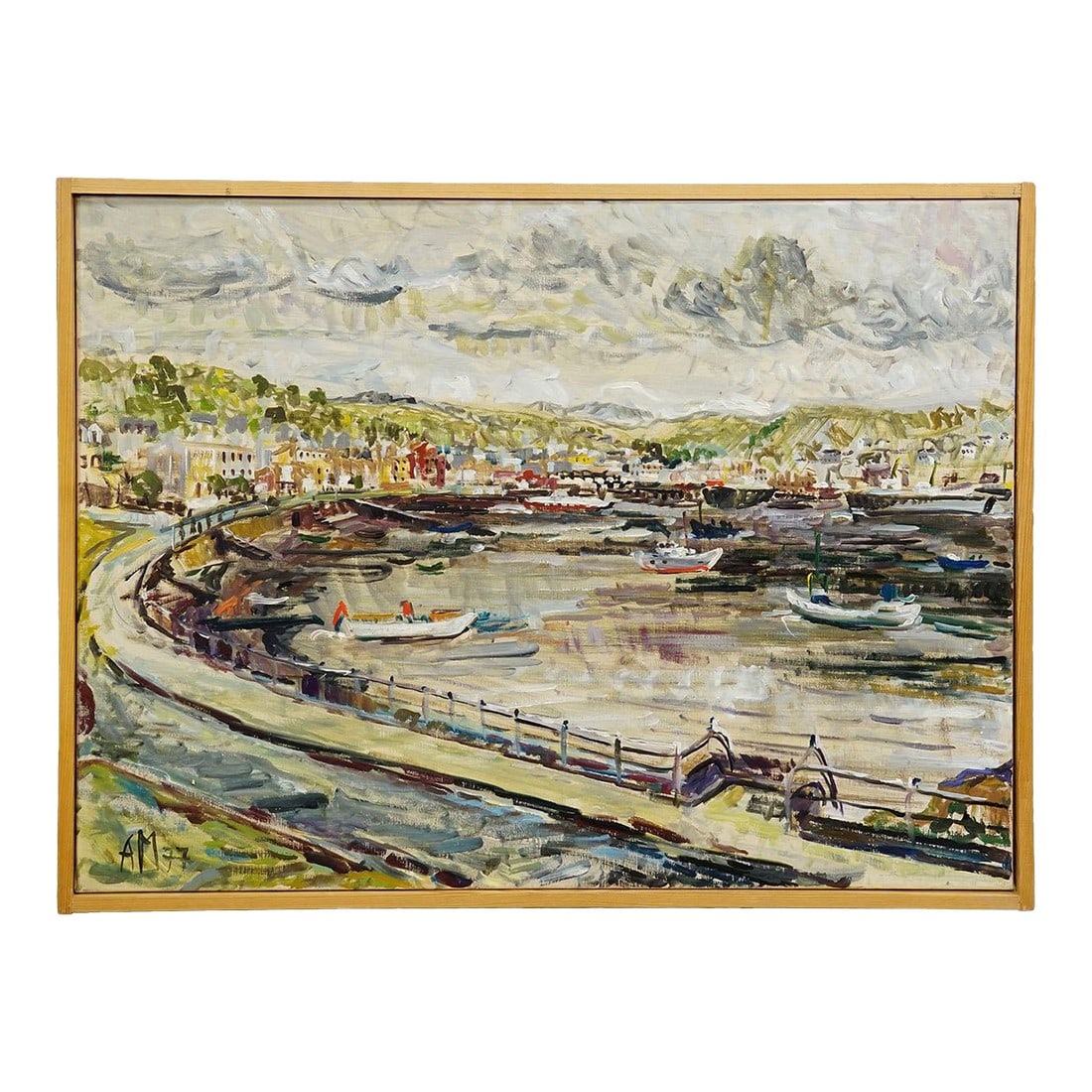 Harbor of Oban, Scotland, 1977 – Oil Painting by Alexander Michael: Harbor of Oban, Scotland, 1977 – Oil Painting by Alexander Michael In the painting 'Harbor of Oban, Scotland', dated 1977, artist Alexander Michael captures the vibrant charm of the Scottish