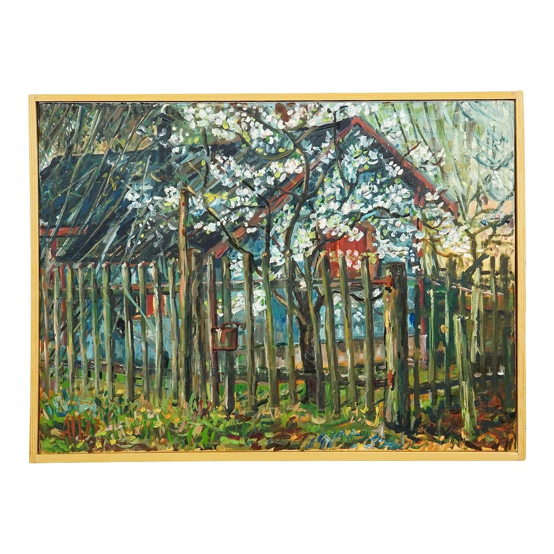 Cottage in Geilertshausen, 1977 – Oil Painting by Alexander Michael: Cottage in Geilertshausen, 1977 – Oil Painting by Alexander Michael This painting, titled 'Cottage in Geilertshausen' and dated 1977, captures the charm of a small countryside dwelling nestled