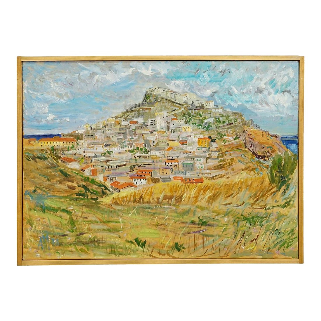 Castelsardo, Sardinia, 1978 – Oil Painting by Alexander Michael: Castelsardo, Sardinia, 1978 – Oil Painting by Alexander Michael This painting, titled 'Castelsardo, Sardinia' and dated 1978, captures the stunning hillside village of Castelsardo on the