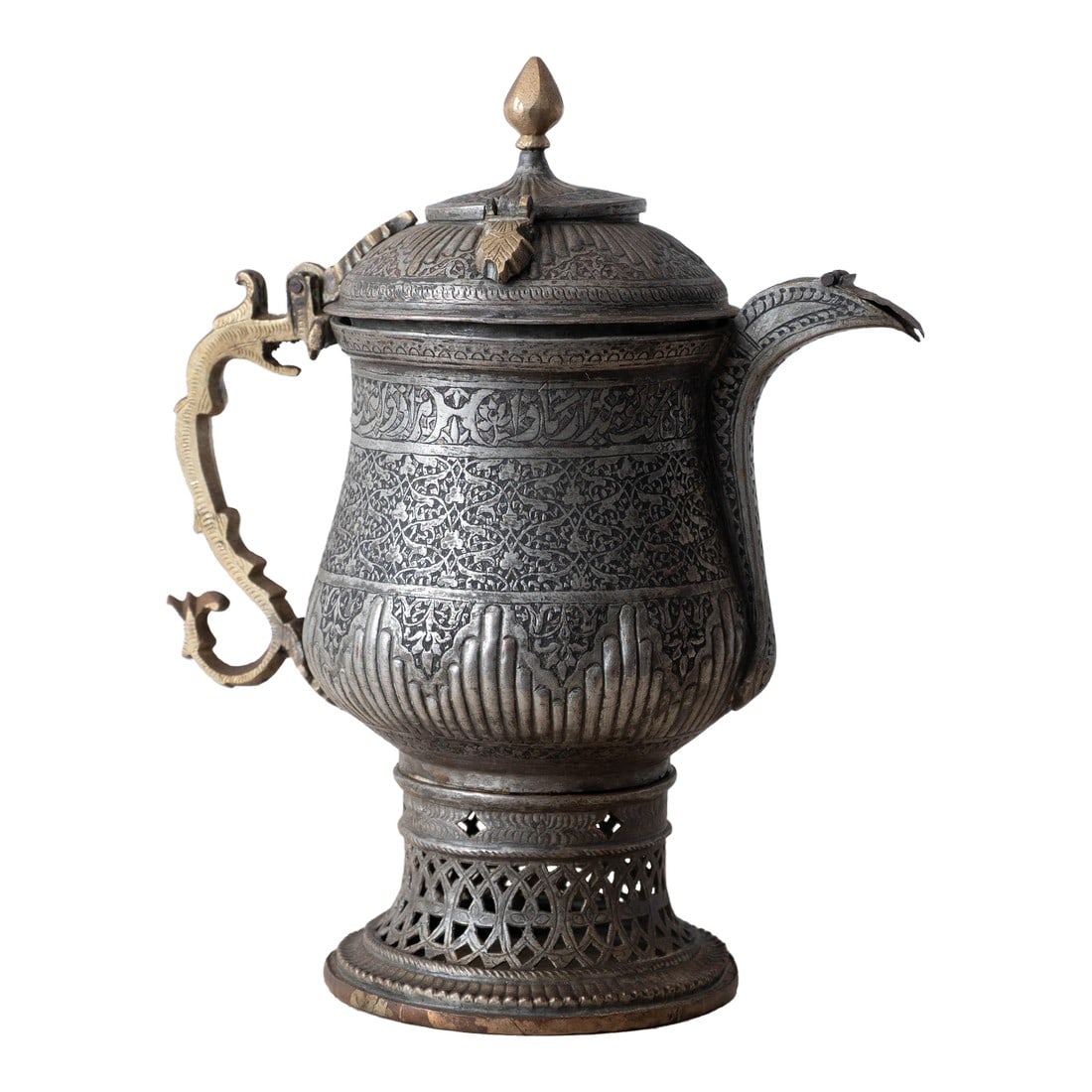 Islamic Tinned-Copper Coffee Pot With Brass Handle, c.1880: A fine Islamic tinned-copper coffee pot with brass handle and integral pierced warming foot, circa 1880. The baluster-form body is densely engraved with arabesques and floral scrolls, framed by