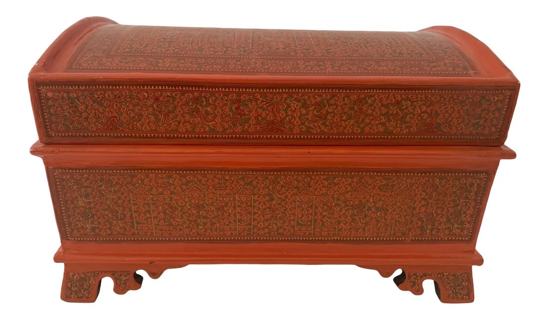 Coral Hand Painted Laquered Asian Dome Box (1 of 13)
