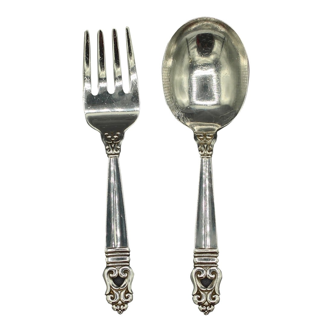 Mid-20th Century Sterling Silver Baby Set "Royal Danish" by International: Mid-20th century sterling silver baby set "Royal Danish" by International. Fork & spoon. Marked: U.S.A., Royal Danish, International Sterling. 1.40 troy oz. Very good used condition; scratches to