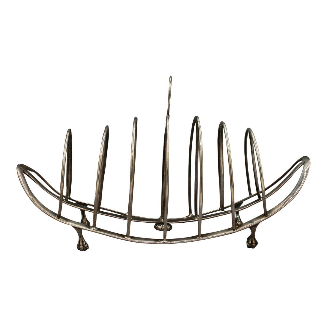 1797 Sterling Silver Toast Rack by James Kidder: Sterling silver toast rack, London, 1797 by James Kidder. Boat form raised on short ball and claw feet with gadrooned button central underneath. Oval handle with shaped inset. See Grimwade, pgs. 110